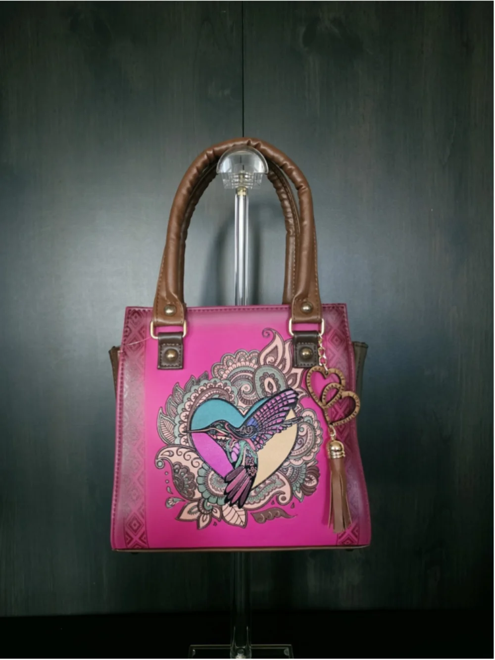 Mexican Hummingbird Embossed VEGAN Leather Handbag – Magenta Pink & Cognac Brown